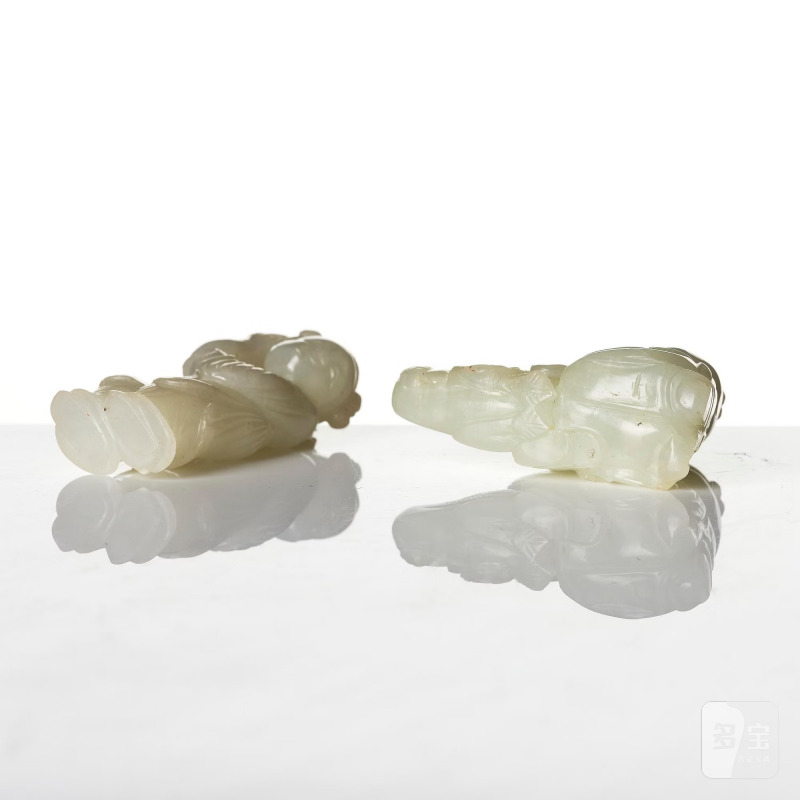 Two well sculptured pale celadon jade figures of boys, - 图7